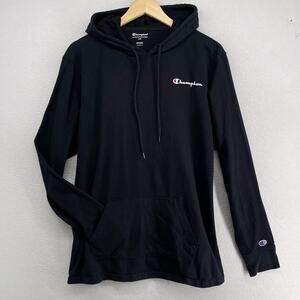 CHAMPION Shirt Mens L Jersey Pullover Hoodie Long Sleeve Pocket Cotton Black